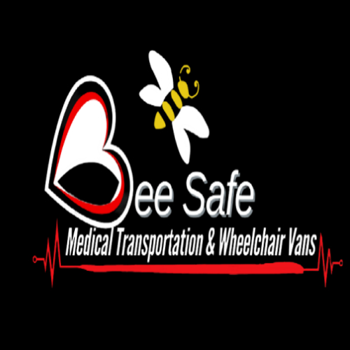 A logo for Bee Safe Medical Transportation company with a black red and white heart for the B in Bee Safe with the text Medical Transportation & Wheelchair Vans underneath the words Bee Safe and also a heartbeat line in read underneath all and at the top center of the logo there is a black and yellow bee with white wings.